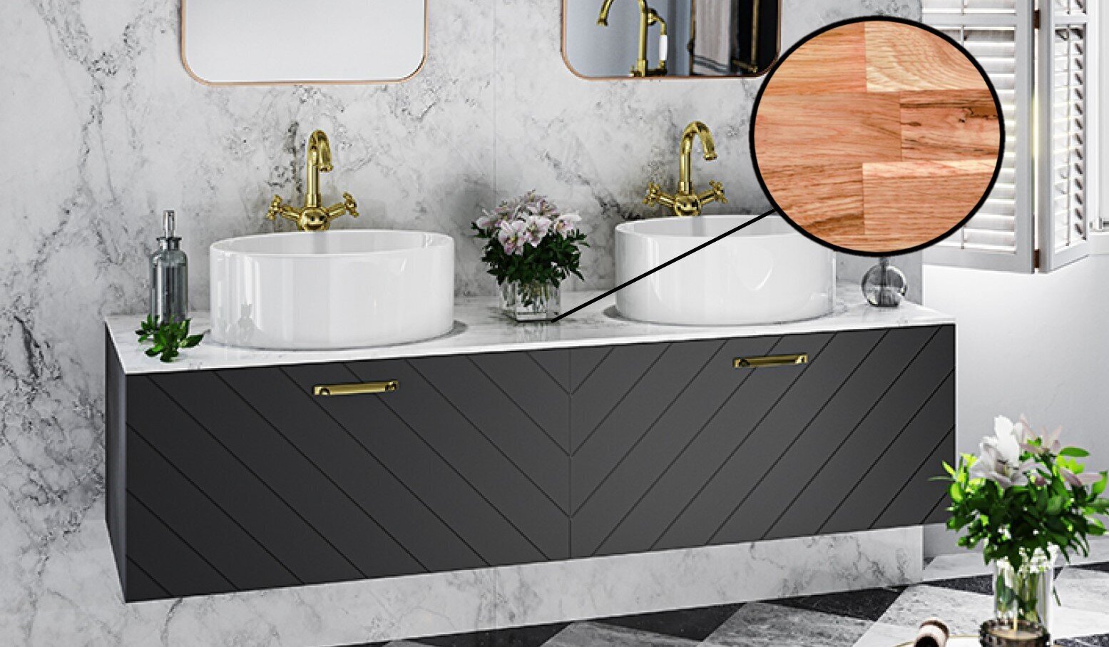 Dubults vannas istabas skapītis Besco Floo 160 ar Oak galda virsmu, melns/zelta цена и информация | Vannas istabas skapīši | 220.lv