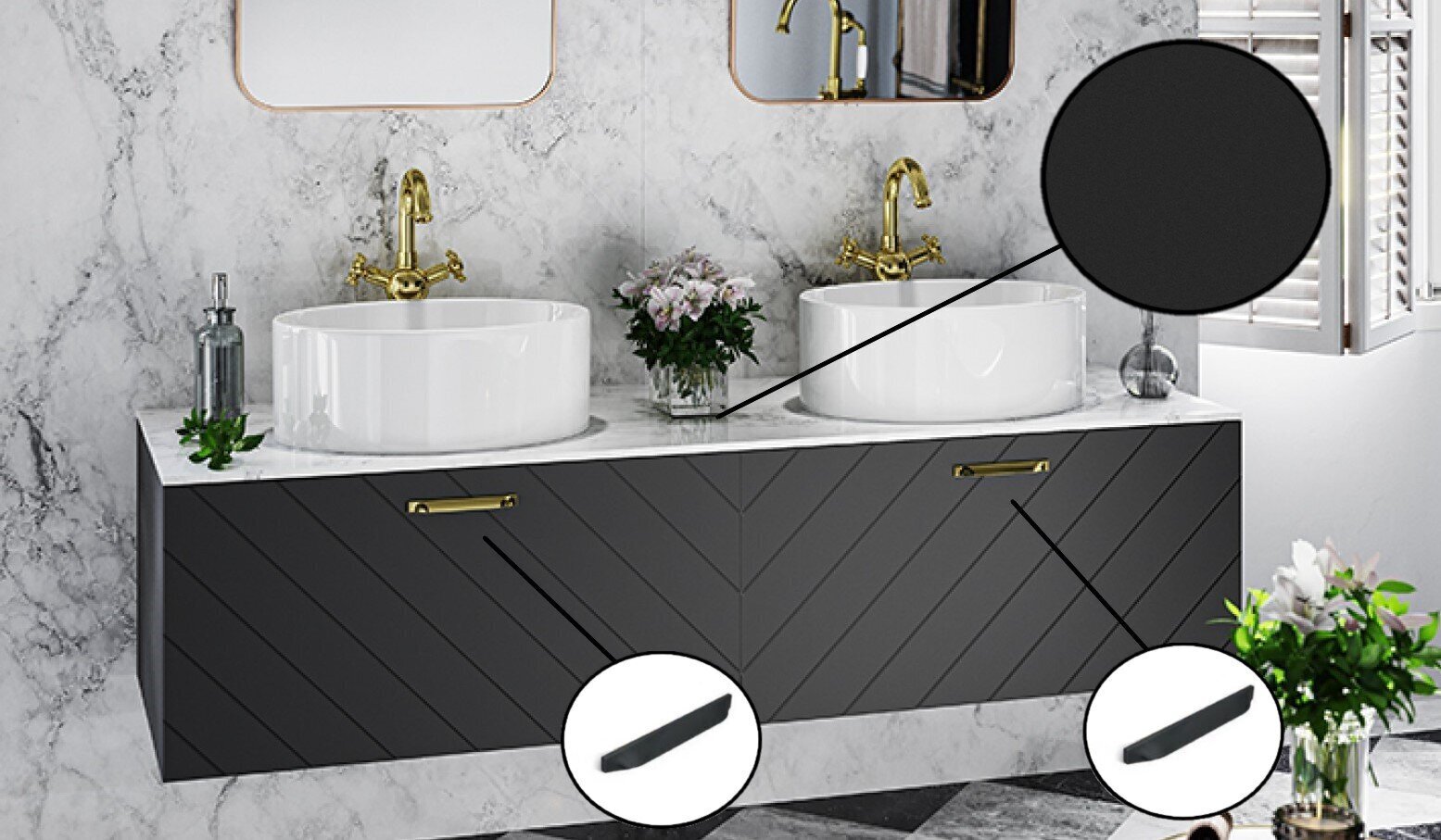 Dubults vannas istabas skapītis Besco Floo 120 ar Slim black galda virsmu, melns cena un informācija | Vannas istabas skapīši | 220.lv