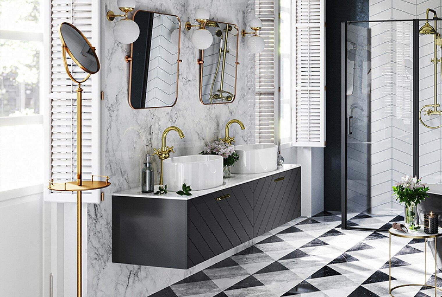 Dubults vannas istabas skapītis Besco Floo 120 ar Slim marble galda virsmu, melns cena un informācija | Vannas istabas skapīši | 220.lv