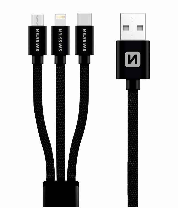 Swissten Textile Universal 3in1 USB-C / Lightning Data MFI / MircoUSB kabelis 1,2 m melns цена и информация | Kabeļi un vadi | 220.lv