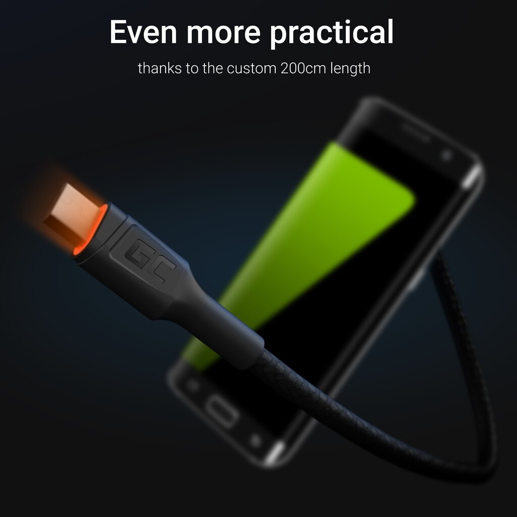 Кабель Green Cell USB -A - MicroUSB Orange Led 200 см с поддержкой ультра - зарядки QC3.0 Быстрая зарядка цена | 220.lv