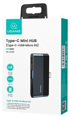 USAMS SJ491 USB-C centrmezgls uz 1xUSB, 1xUSB-C, Micro SD, Melns cena un informācija | Adapteri un USB centrmezgli | 220.lv