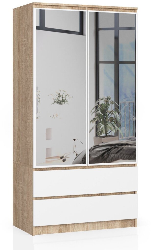 Skapis NORE S90 ar spoguli, ozola krāsas/balts cena un informācija | Skapji | 220.lv