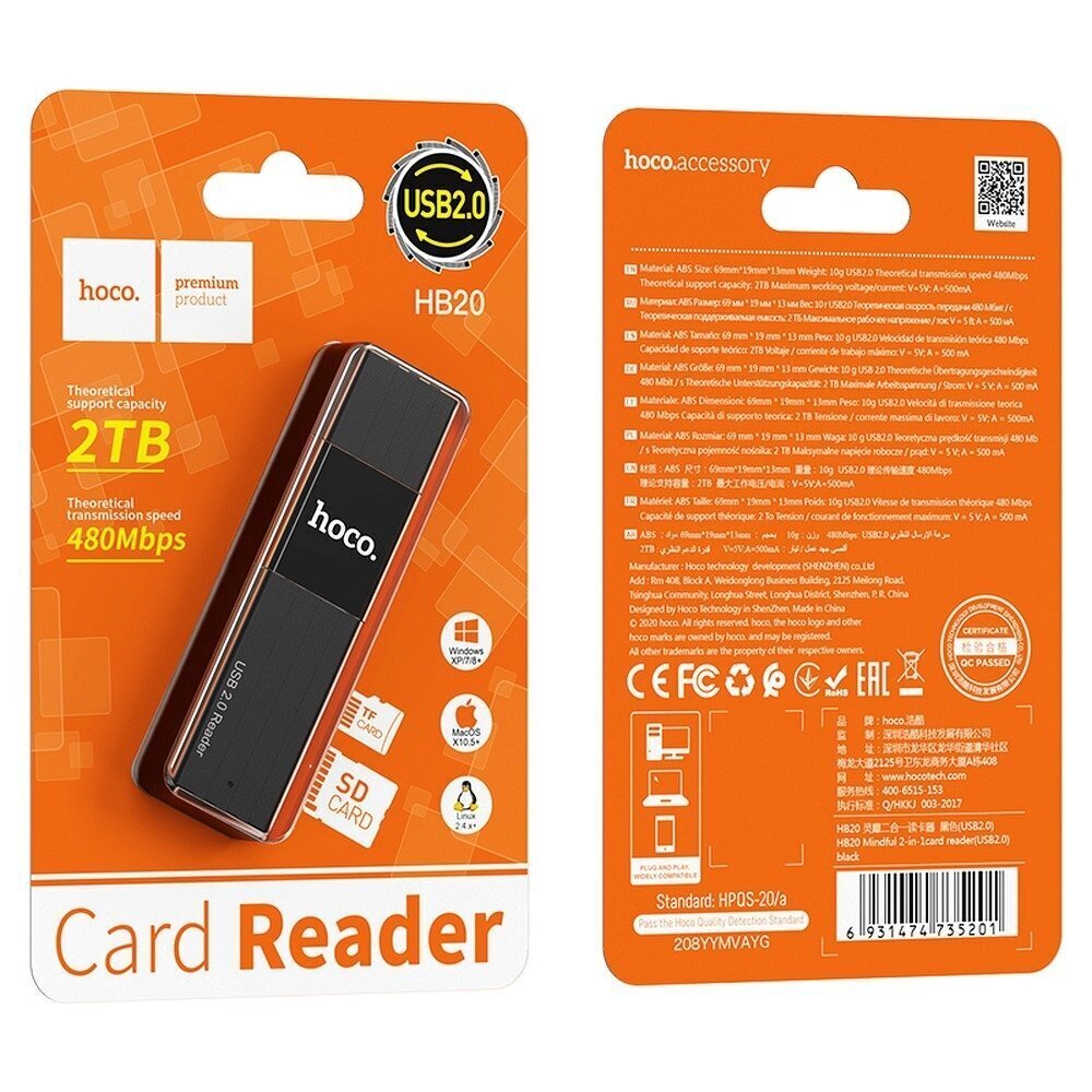 Hoco HB20 USB 2.0 2in1 Atmiņas karšu lasītājs cena un informācija | Adapteri un USB centrmezgli | 220.lv