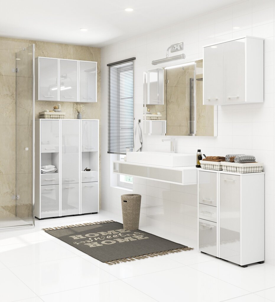 Augsts vannas istabas skapītis-plaukts NORE Fin ar 2-ām durtiņām, balts/pelēks cena un informācija | Vannas istabas skapīši | 220.lv