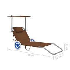 vidaXL sauļošanās zvilnis ar jumtiņu un riteņiem, tērauds, pelēkbrūns cena un informācija | Sauļošanās krēsli | 220.lv