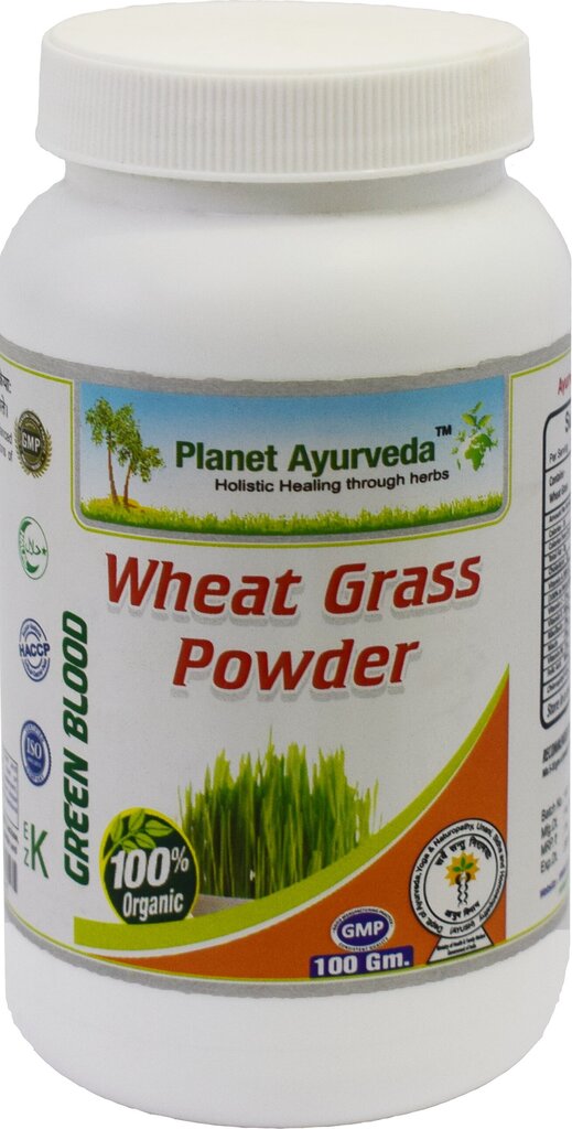 Kviešu jauno asnu lapu pulveris Planet Ayurveda Wheat Grass Organic, 100 g. cena un informācija | Funkcionālā pārtika (superēdiens) | 220.lv