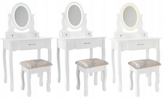 Kosmētikas galdiņš ar krēslu un LED apgaismojumu Sophia, balts cena un informācija | Kosmētikas galdiņi | 220.lv