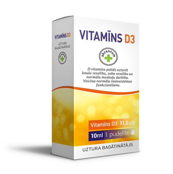 Uztura bagātinātājs, Akcentum, Vitamīns D3, 11mcg (440SV) pilieni, 10 ml cena un informācija | Vitamīni, preparāti, uztura bagātinātāji imunitātei | 220.lv