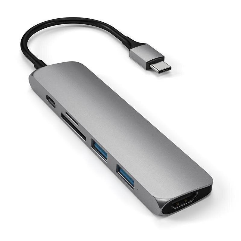 Satechi Slim USB-C MultiPort Adapter V2 ar HDMI, USB 3.0 portiem un karšu lasītāju, pelēks cena un informācija | Adapteri un USB centrmezgli | 220.lv