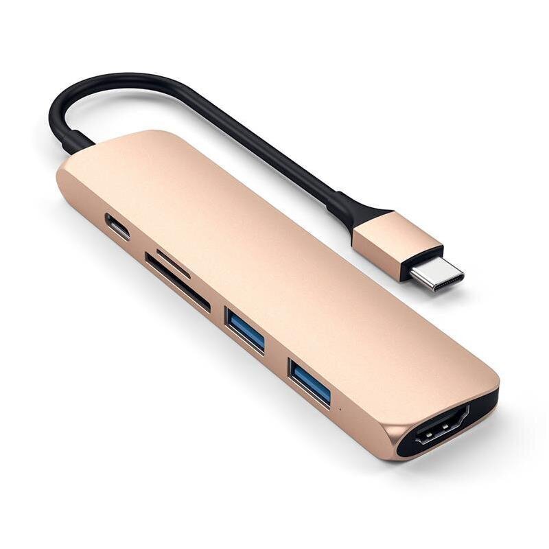 Satechi Slim USB-C MultiPort Adapter V2 ar HDMI, USB 3.0 portiem un karšu lasītāju, zelta цена и информация | Adapteri un USB centrmezgli | 220.lv