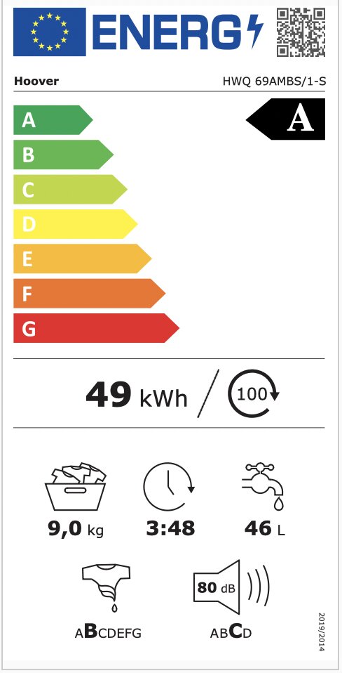 Hoover HWQ 69AMBS/1-S no priekšpuses ielādējama veļas mašīna, 9 kg 1600 apgr./min cena un informācija | Veļas mašīnas | 220.lv