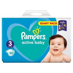 Autiņbiksītes PAMPERS Active Baby, Giant Pack, 3. izmērs, 6-10 kg, 90 gab. cena un informācija | Autiņbiksītes | 220.lv