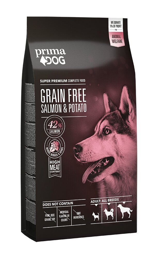 Prima Dog Grain Free sausā barība pieaugušiem, jūtīgiem visu šķirņu suņiem ar lasi un kartupeļiem, 10 kg cena un informācija | Sausā barība suņiem | 220.lv