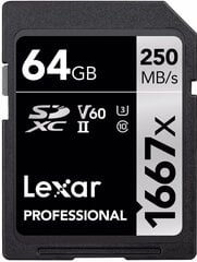  Карта памяти Lexar SDXC, 64ГБ, Pro 1667x U3 V60, 250МБ/с цена и информация | Карты памяти для фотоаппаратов | 220.lv