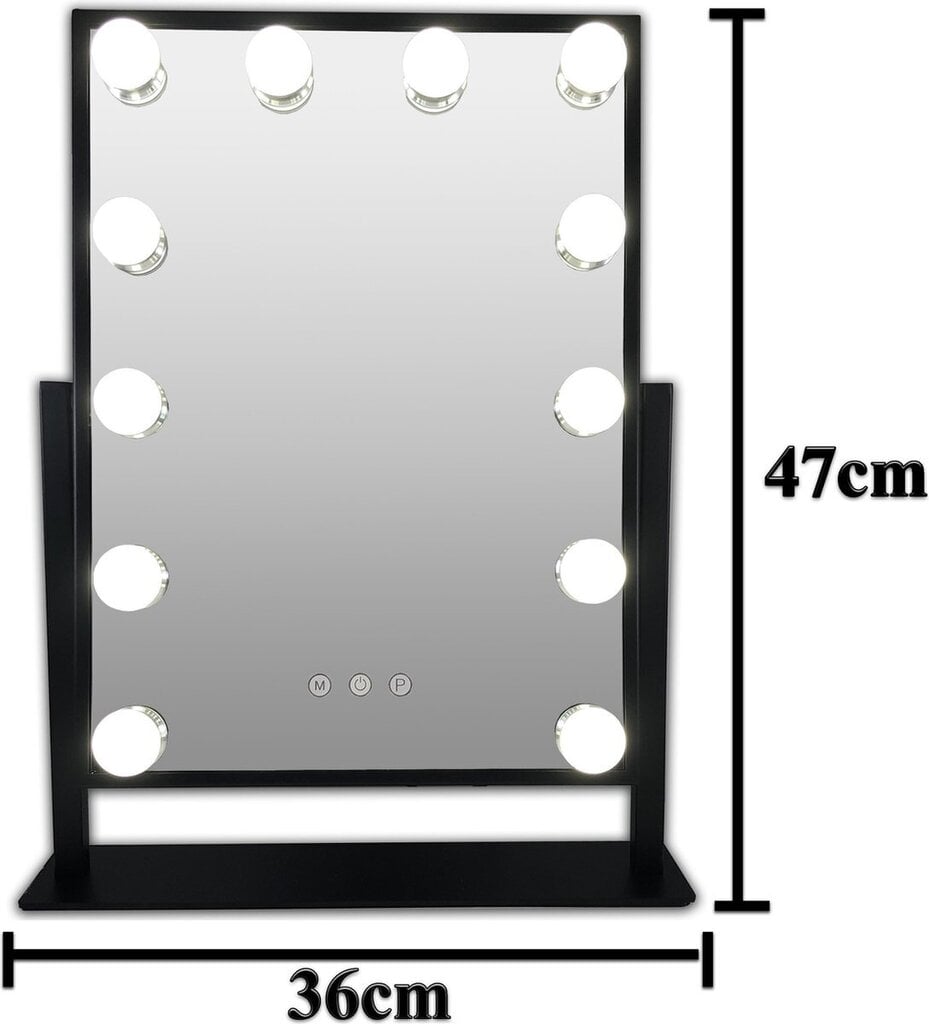 Gerard Brinard Melns Kosmētikas spogulis/Galda spogulis Hollywood no metāla, eleganta un plāna dizaina, 12 X LED ar apgaismojumu (48x34x8 cm) цена и информация | Kosmētikas somas, spoguļi | 220.lv