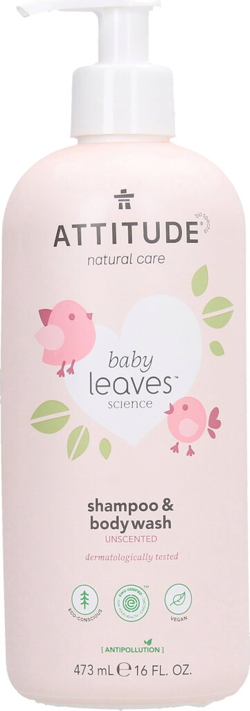 Attitude Baby Leaves 2in1 Shampoo & Body Wash Fragnance Free - Bezaromāta šampūns-ķermeņa mazgāšanas želeja mazuļiem, 473 ml цена и информация | Bērnu kosmētika, līdzekļi jaunajām māmiņām | 220.lv