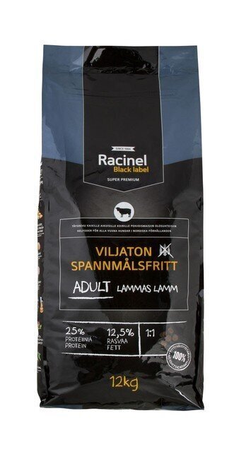 Racinel Black Label sausā barība pieaugušiem suņiem ar jēru, 12kg cena un informācija | Sausā barība suņiem | 220.lv