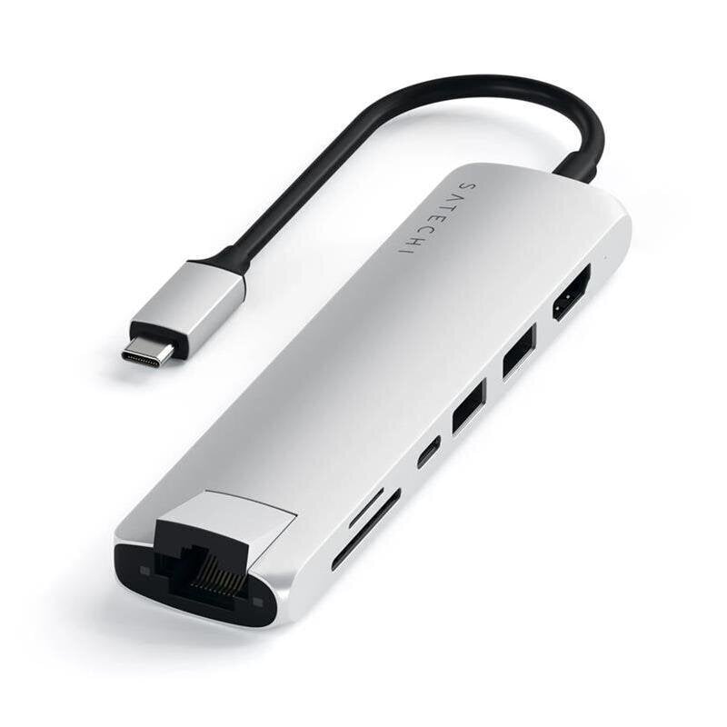 Satechi Slim USB-C MultiPort w. Ethernet - HDMI, USB 3.0 porti un karšu lasītājs, sudraba цена и информация | Adapteri un USB centrmezgli | 220.lv