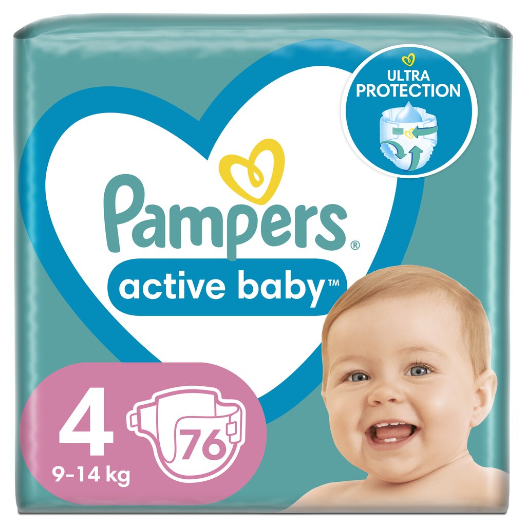 Autiņbiksītes PAMPERS Active Baby, Giant Pack, 4. izmērs, 9-14 kg, 76 gab. cena un informācija | Autiņbiksītes | 220.lv