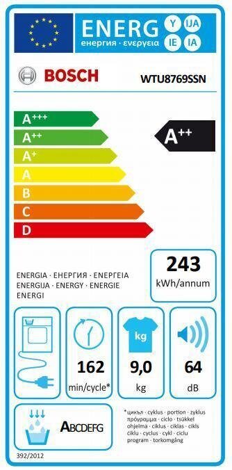 Bosch WTU8769SSN veļas žāvētājs, 9 kg cena un informācija | Veļas žāvētāji | 220.lv