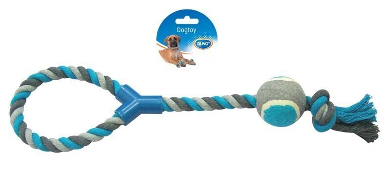 Duvo+ virves rotaļlieta ar cilpu un tenisa bumbu, 48 cm, pelēka/zila cena un informācija | Suņu rotaļlietas | 220.lv