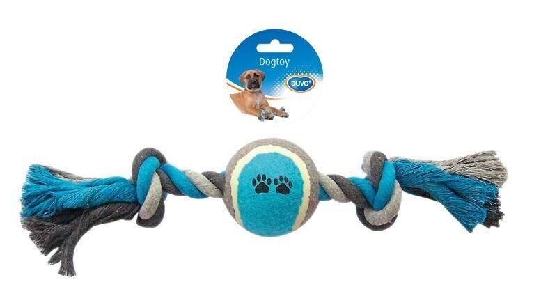 Duvo+ virves rotaļlieta 2 mezgli un tenisa bumba, 40 cm, pelēka/zila cena un informācija | Suņu rotaļlietas | 220.lv