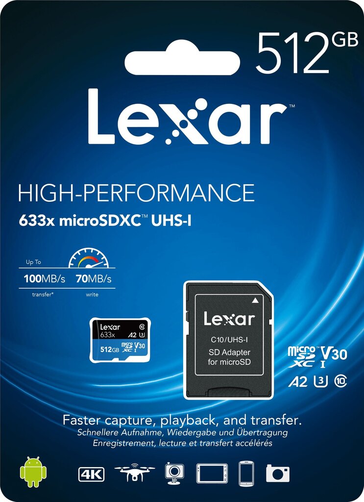 MEMORY MICRO SDXC 512GB UHS-I/W/ADAPTER LSDMI512BB633A LEXAR cena un informācija | Atmiņas kartes fotokamerām | 220.lv