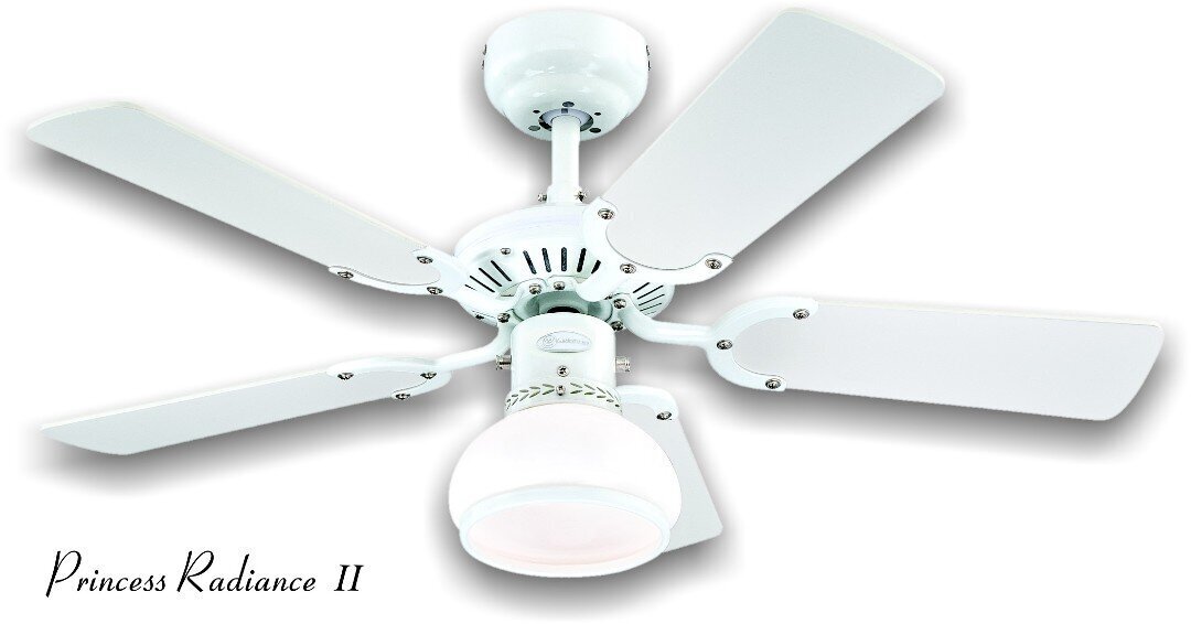 Griestu ventilators PRINCESS RADIANCE II Ø90 cm, baltā krāsā цена и информация | Griestu lampas-ventilatori | 220.lv