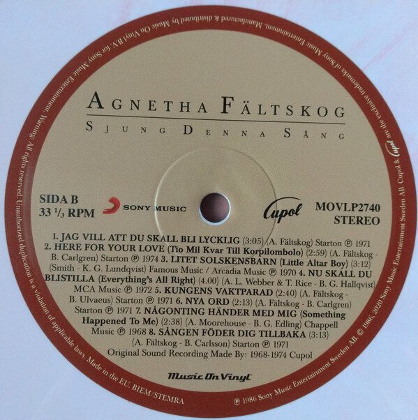 Agnetha Fältskog - Sjung Denna Sång, LP, vinila plate, 12&quot; vinyl record cena un informācija | Vinila plates, CD, DVD | 220.lv