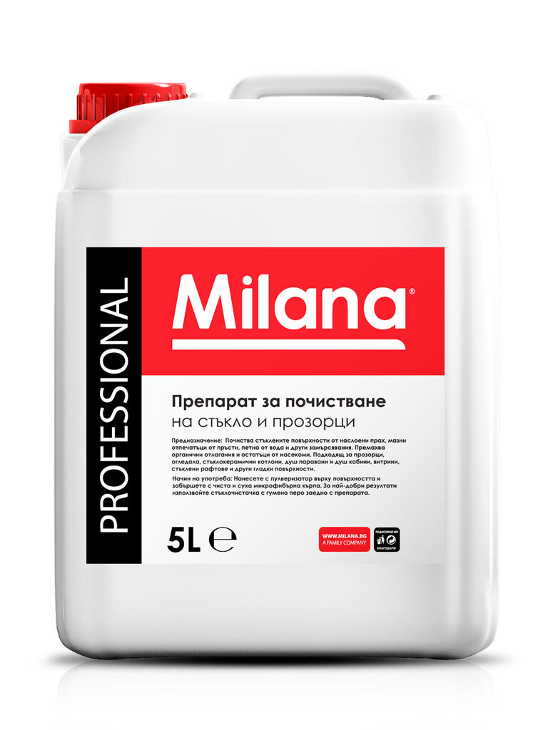 Mazgāšanas līdzeklis stikliem un spoguļiem, MILANA® Professional - 5L cena un informācija | Tīrīšanas līdzekļi | 220.lv