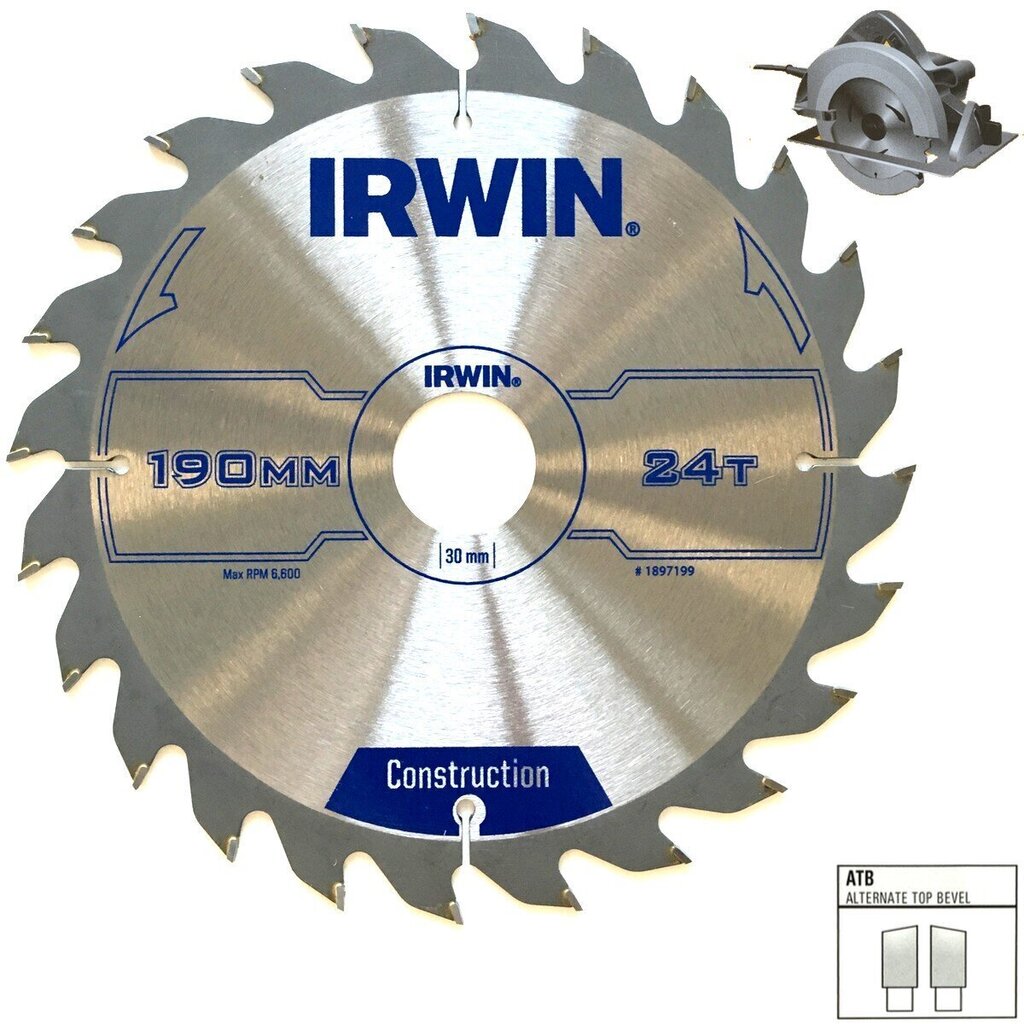 Griešanas disks Irwin 190x30(20,16)x24T 2,5 mm ATB cena un informācija | Rokas instrumenti | 220.lv