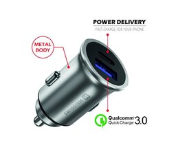 Swissten 36W Metāla Auto Lādētājs ar Power Delivery USB-C + Quick Charge 3.0 / Sudraba cena un informācija | Lādētāji un adapteri | 220.lv