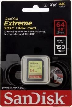 SanDisk atmiņas karte SDXC 64GB Extreme Video V30 U3 cena un informācija | Atmiņas kartes fotokamerām | 220.lv