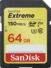 Карта памяти SanDisk Extreme SDXC 64 ГБ 150/60 МБ/с V30 UHS-I U3 (SDSDXV6-064G-GNCIN) цена и информация | Карты памяти для фотоаппаратов | 220.lv