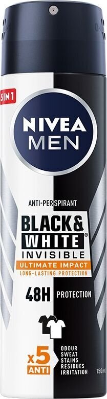 Nivea Men Black&White Invisible Ultimate Impact izsmidzināmais dezodorants vīriešiem 150 ml цена и информация | Dezodoranti | 220.lv