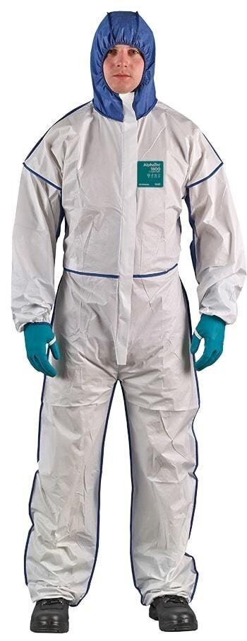 Disposable coverall Type 5/6 Ansell Alphatec 1800 Comfort, white/blue, breathable full back, size M cena un informācija | Galvas aizsargi | 220.lv