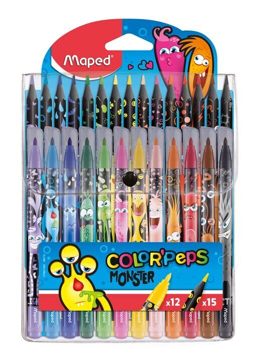 Flomasteri Maped Maped ColorPeps Monster 12gab.+krāsainais zīmulis Maped ColorPeps Monster 15gab цена и информация | Modelēšanas un zīmēšanas piederumi | 220.lv