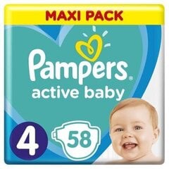 Подгузники PAMPERS Active Baby-Dry, Maxi Pack, 4 размер, 9-14 кг, 58 шт. цена и информация | Подгузники | 220.lv