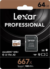 Lexar считыватель карты памяти microSDXC 64GB Pro 667X U3 V30 + адаптер цена и информация | Карты памяти для мобильных телефонов | 220.lv