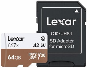 Lexar считыватель карты памяти microSDXC 64GB Pro 667X U3 V30 + адаптер цена и информация | Карты памяти для мобильных телефонов | 220.lv
