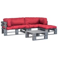 vidaXL 4-daļīgs atpūtas mēbeļu komplekts ar sarkaniem matračiem, koks цена и информация | Комплекты уличной мебели | 220.lv