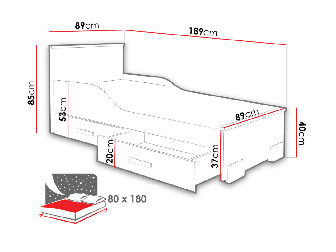 Gulta Caren, 80 x 180 cm + gultas kastes, balta / dižskābardis cena un informācija | Gultas | 220.lv