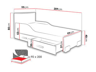 Gulta Caren, 90 x 200 cm + gultas kastes, balta / dižskābardis cena un informācija | Gultas | 220.lv