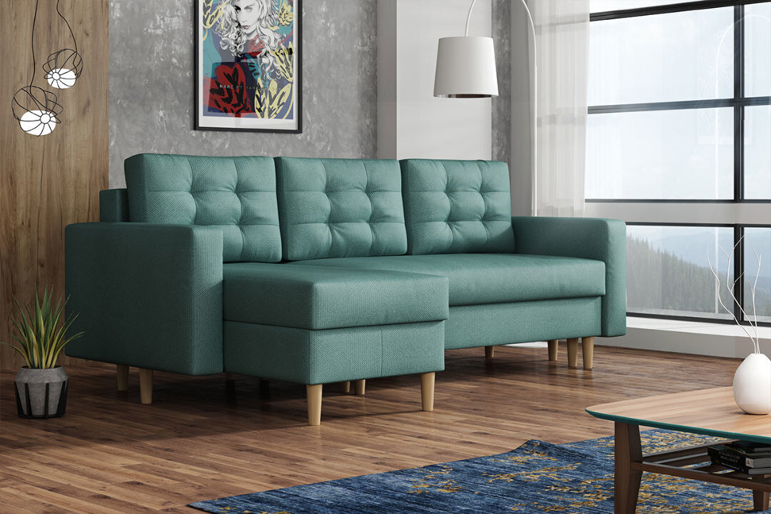 Izvelkamais stūra dīvāns Ana, zilgani zaļš cena un informācija | Stūra dīvāni | 220.lv