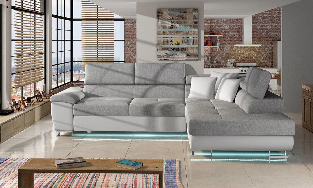 Izvelkamais stūra dīvāns Cotere + LED, pelēks/balts, stūris labajā pusē cena un informācija | Stūra dīvāni | 220.lv