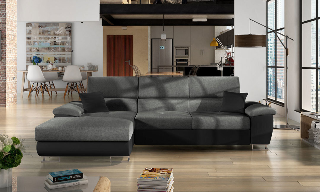 Izvelkamais stūra dīvāns Cotere Mini, pelēks/melns, kreisais stūris cena un informācija | Dīvāni | 220.lv