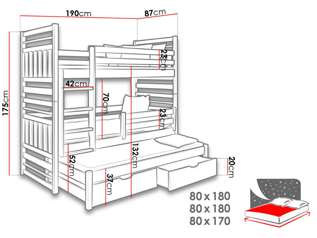 3-vietīga divstāvu gulta Hipolit, 80 x 180 cm cena un informācija | Bērnu gultas | 220.lv
