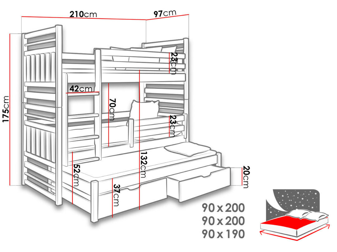 3-vietīga divstāvu gulta Hipolit, 90 x 200 cm, venges/kapučīno apdares цена и информация | Bērnu gultas | 220.lv