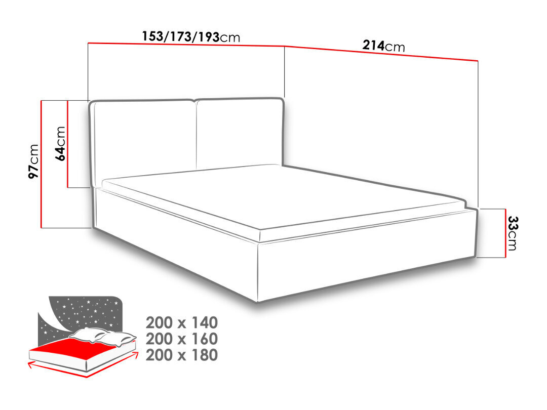 Gulta Szymek 140x200 cm ar paceļamu pamatni cena un informācija | Gultas | 220.lv